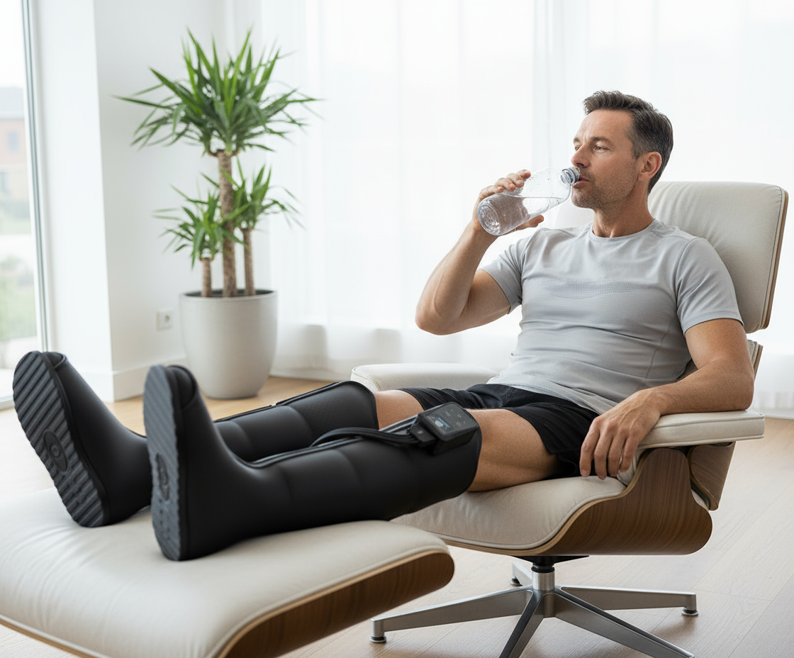 Athletic man reclining with legs extended wearing compression boots matching product